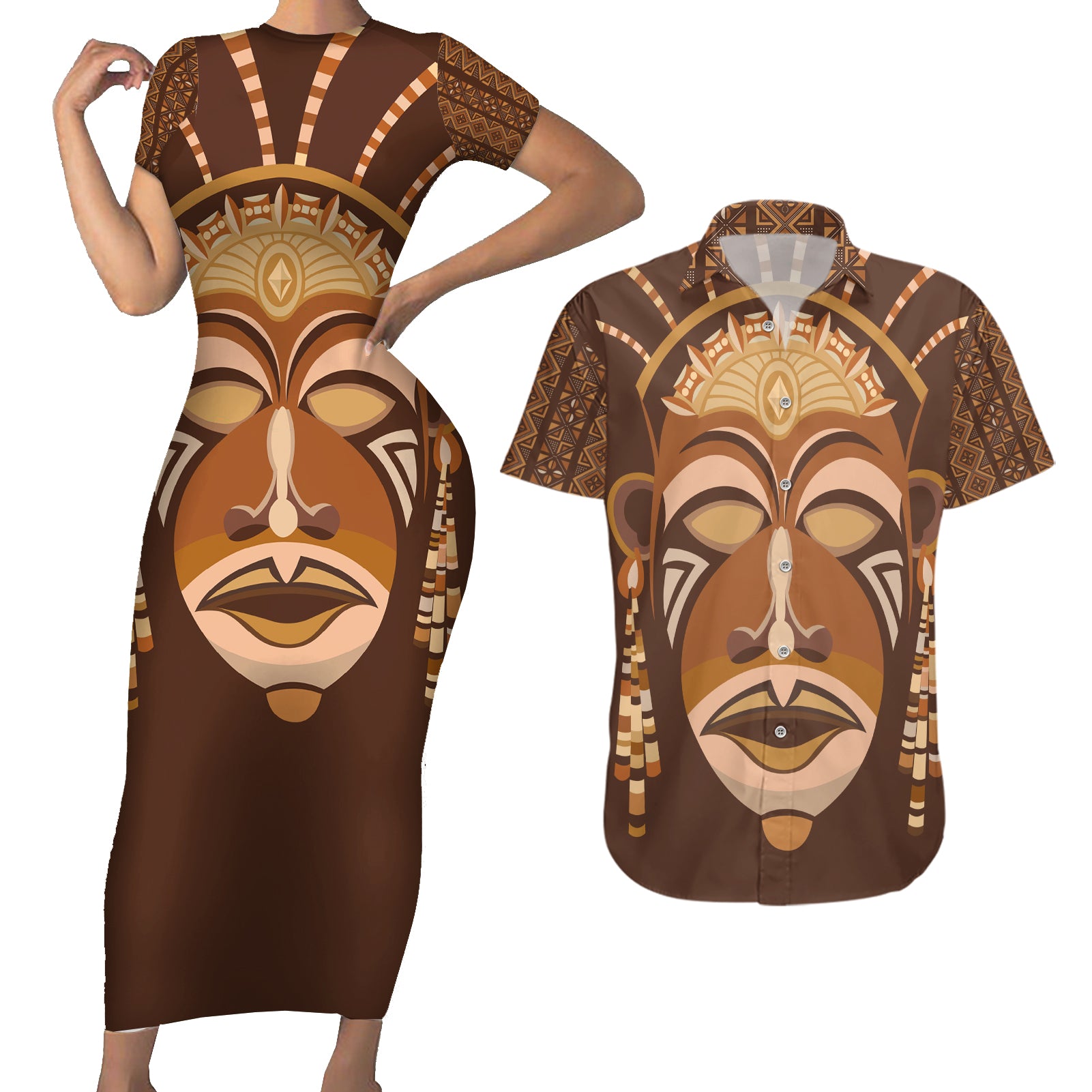 African Women Couples Matching Short Sleeve Bodycon Dress and Hawaiian Shirt Tribal Ethnic Mask - Wonder Print Shop