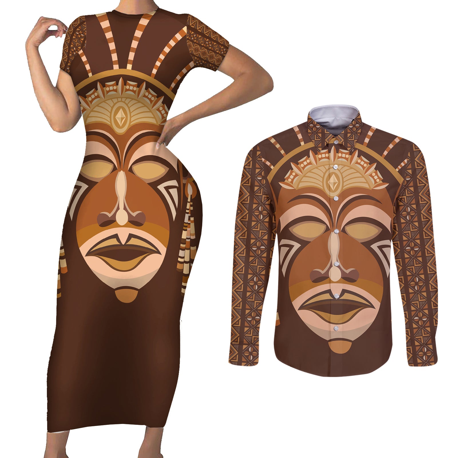 African Women Couples Matching Short Sleeve Bodycon Dress and Long Sleeve Button Shirt Tribal Ethnic Mask - Wonder Print Shop