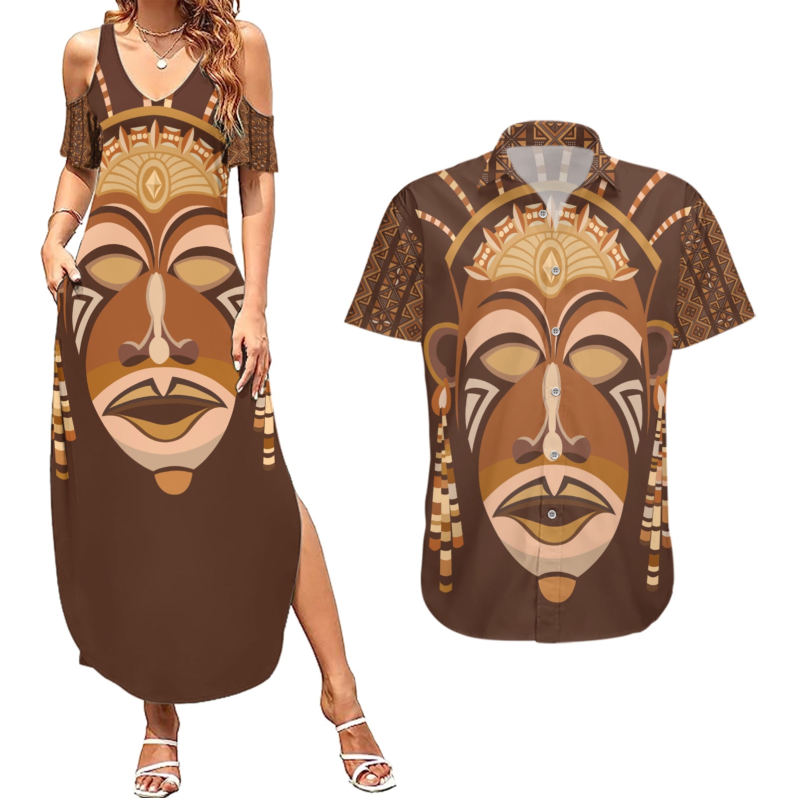 African Women Couples Matching Summer Maxi Dress and Hawaiian Shirt Tribal Ethnic Mask - Wonder Print Shop