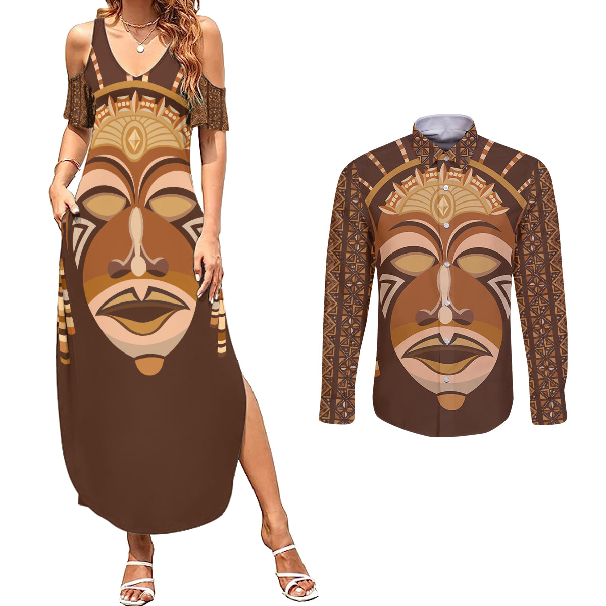 African Women Couples Matching Summer Maxi Dress and Long Sleeve Button Shirt Tribal Ethnic Mask - Wonder Print Shop