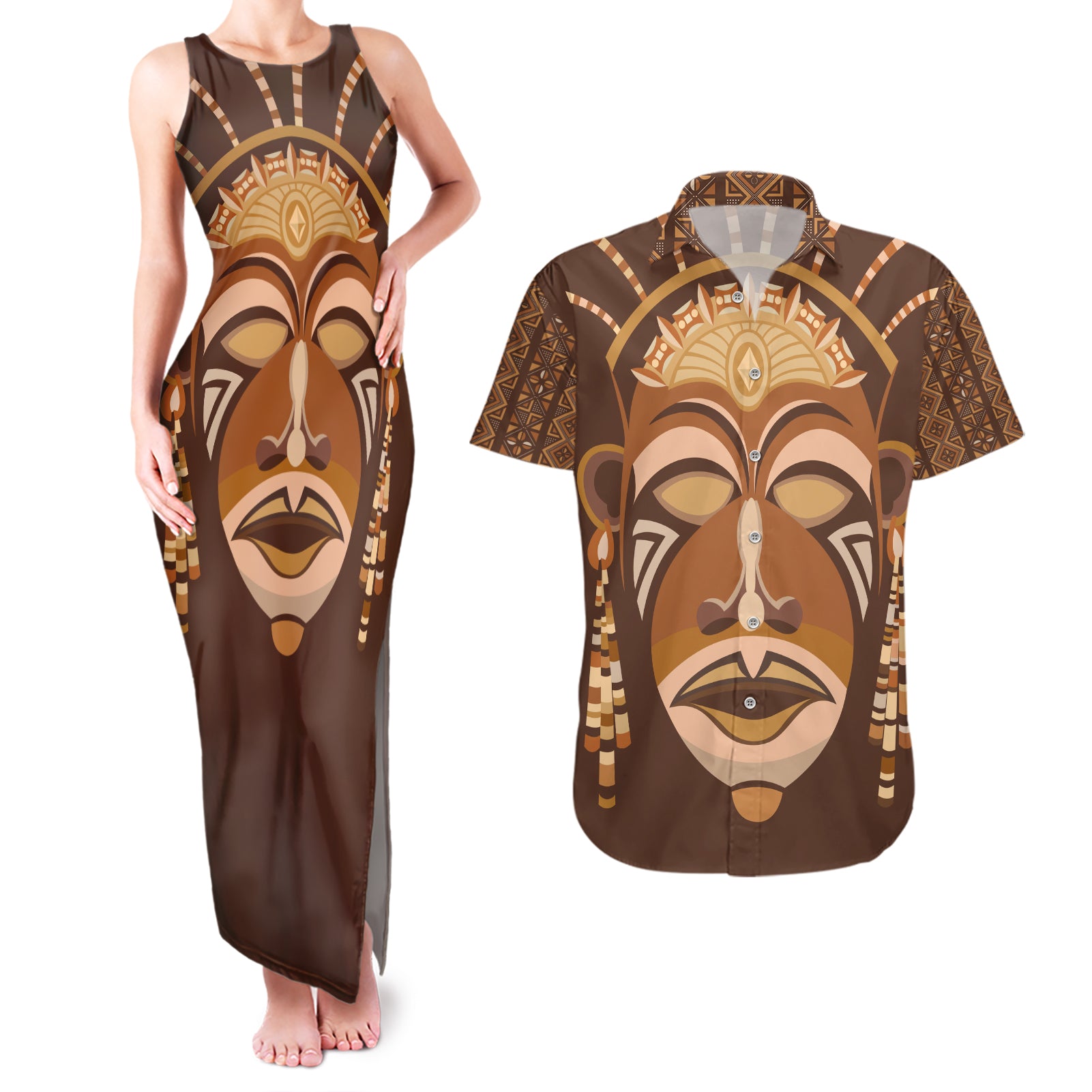 African Women Couples Matching Tank Maxi Dress and Hawaiian Shirt Tribal Ethnic Mask - Wonder Print Shop