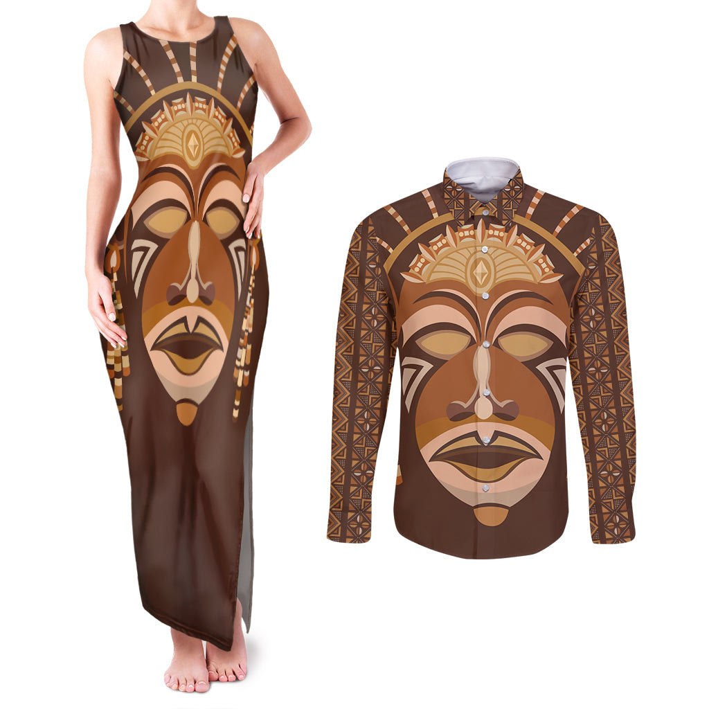 African Women Couples Matching Tank Maxi Dress and Long Sleeve Button Shirt Tribal Ethnic Mask - Wonder Print Shop