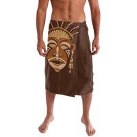 Brown lavalava skirt with large tribal face mask print, front overlap and side slit