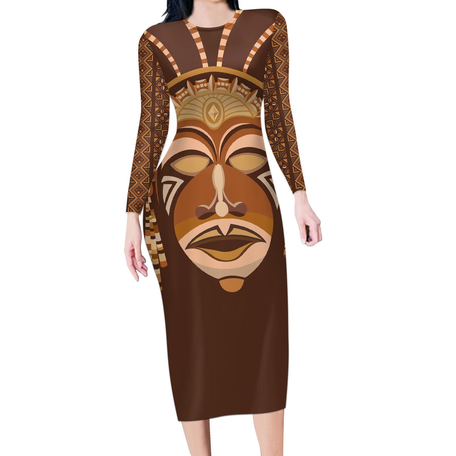 African Women Long Sleeve Bodycon Dress Tribal Ethnic Mask