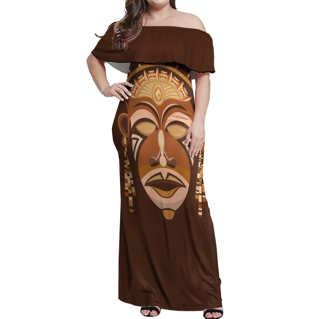 African Women Off Shoulder Maxi Dress Tribal Ethnic Mask