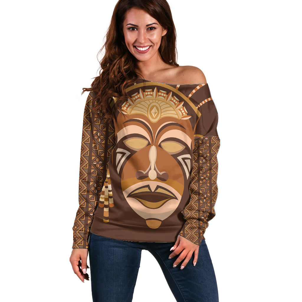 African Women Off Shoulder Sweater Tribal Ethnic Mask