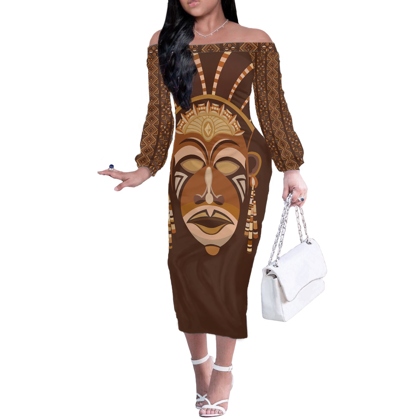 African Women Off The Shoulder Long Sleeve Dress Tribal Ethnic Mask