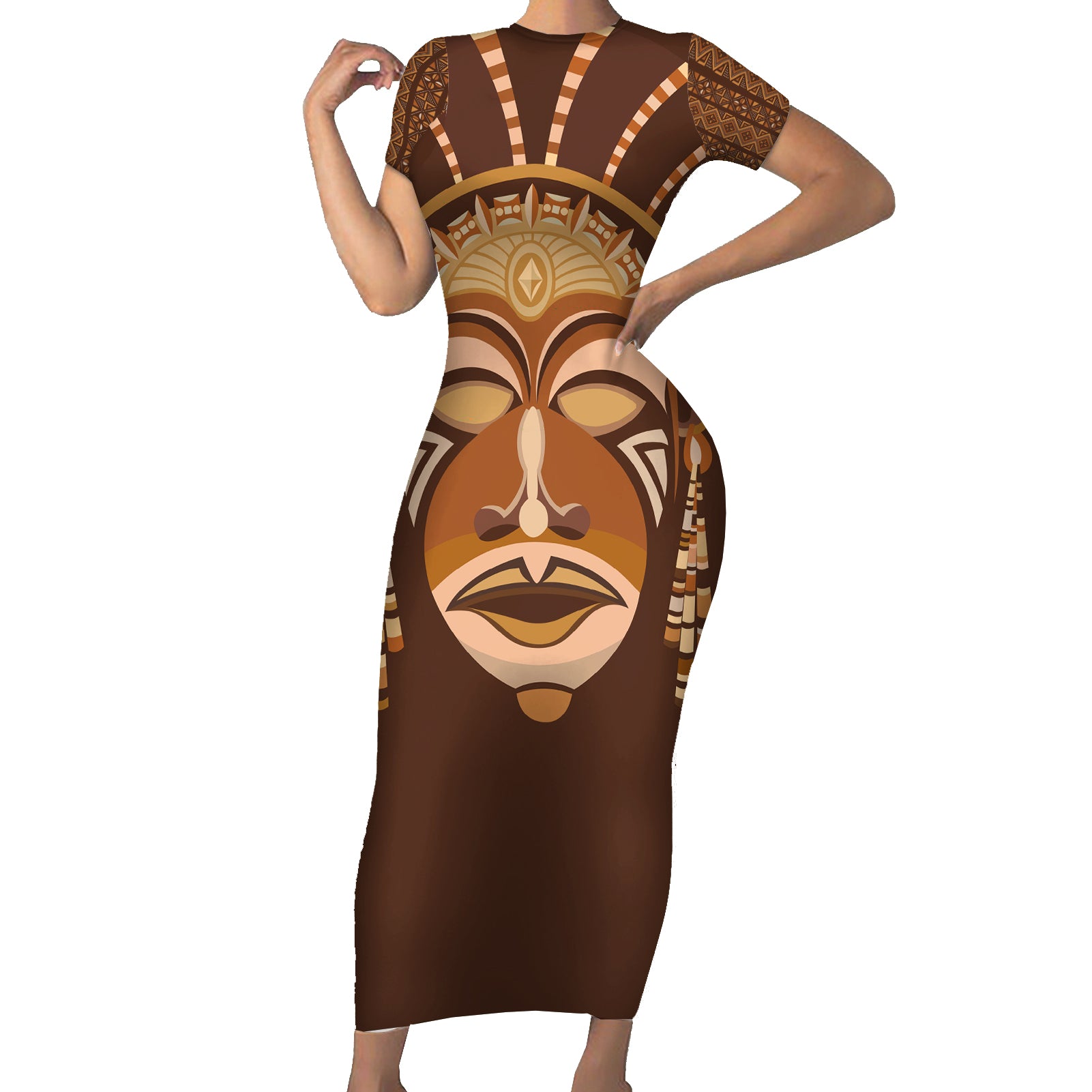 African Women Short Sleeve Bodycon Dress Tribal Ethnic Mask