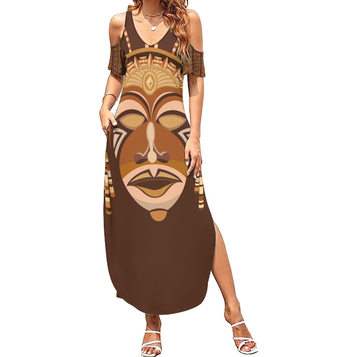 African Women Summer Maxi Dress Tribal Ethnic Mask