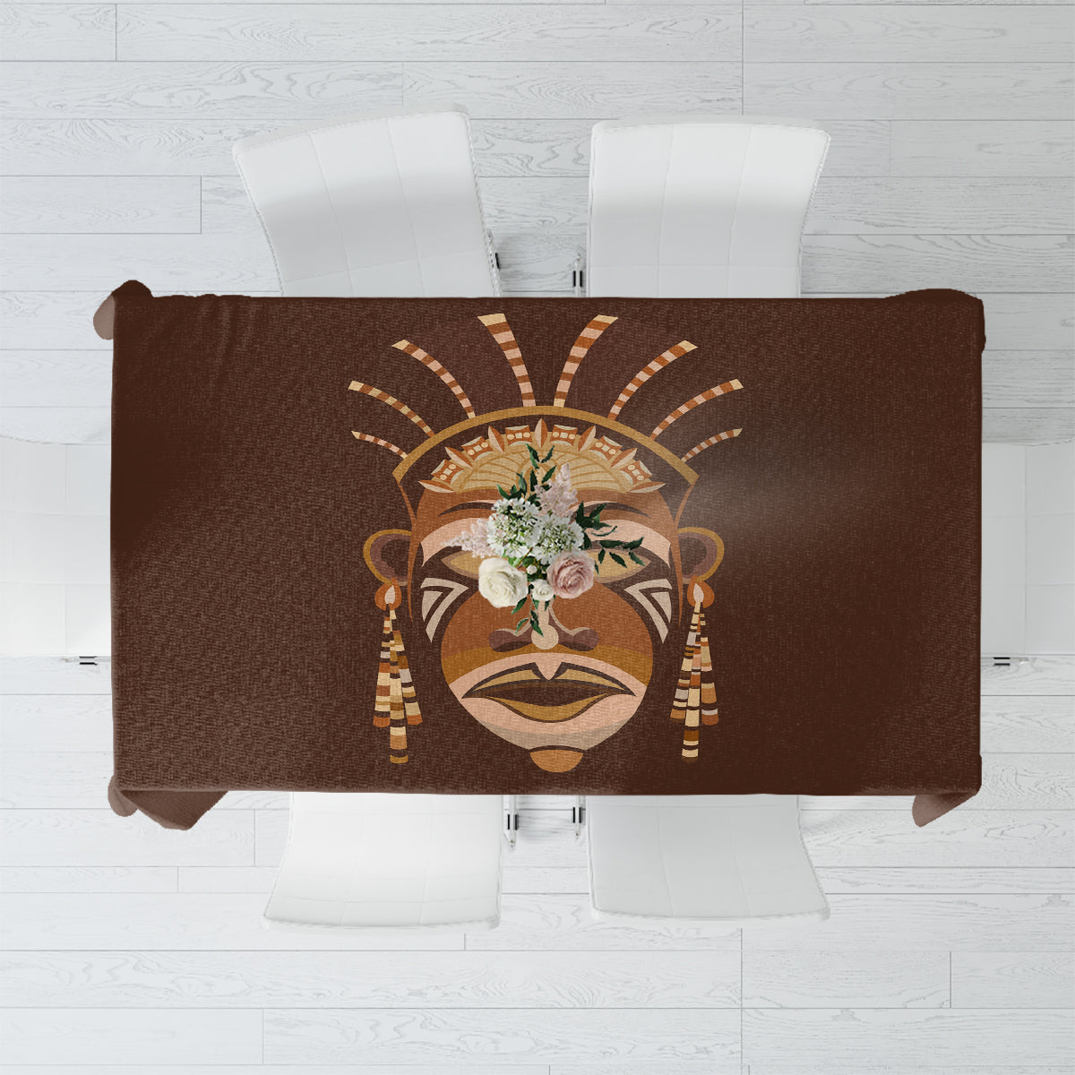 Brown tribal tablecloth with central mask illustration, rectangular drape