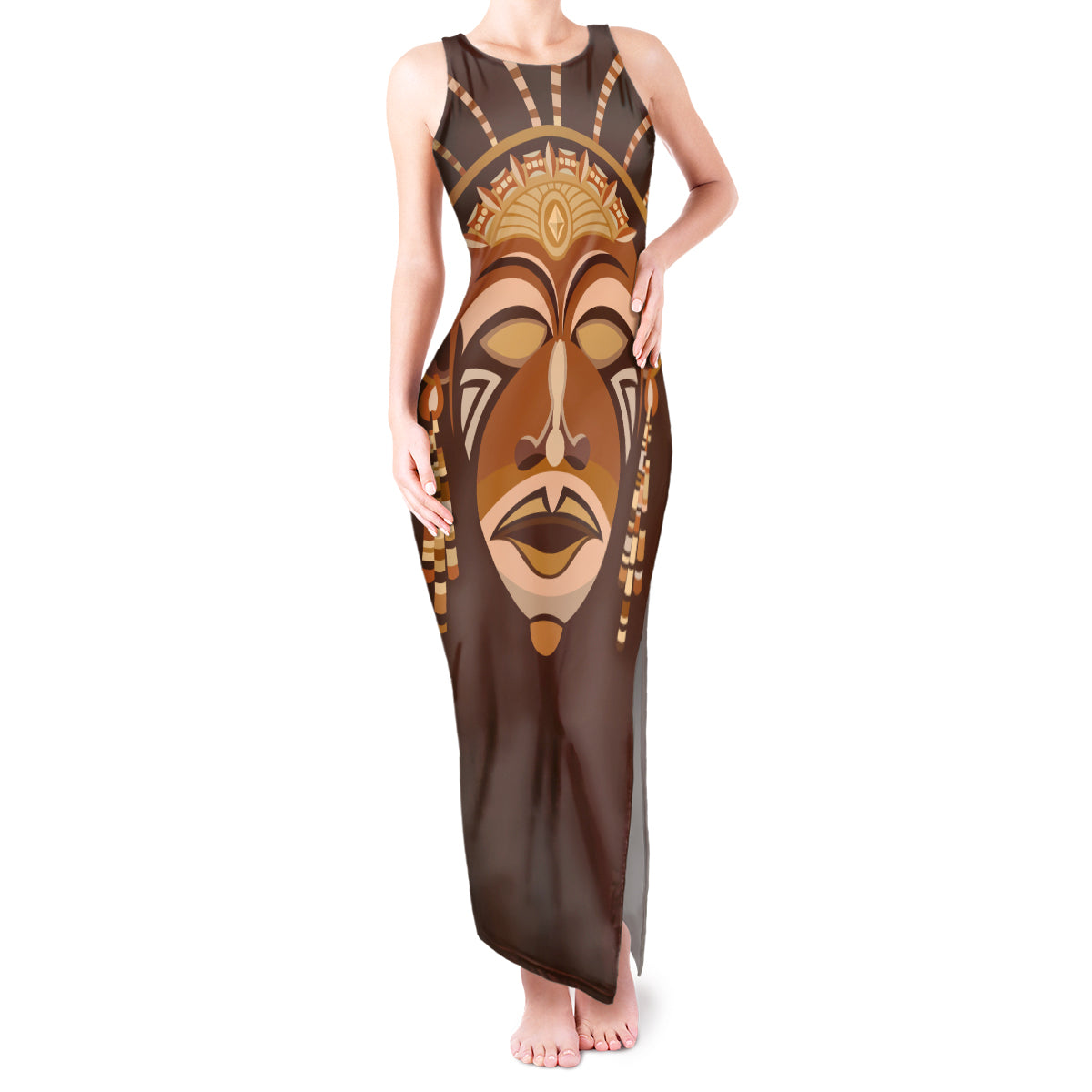 African Women Tank Maxi Dress Tribal Ethnic Mask