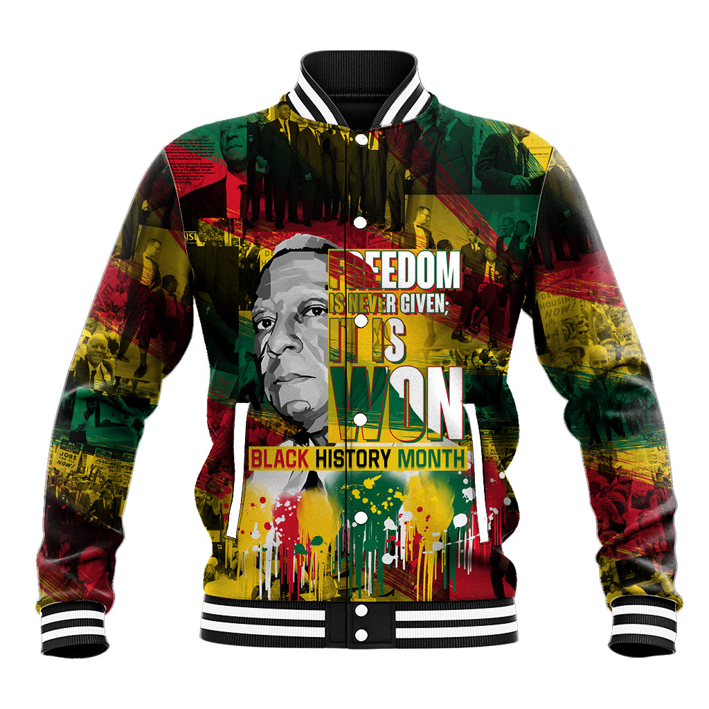 Unisex multicolor graphic baseball jacket with portrait and bold text, snap-button front