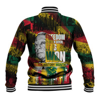Unisex multicolor graphic baseball jacket with large back text and striped rib collar