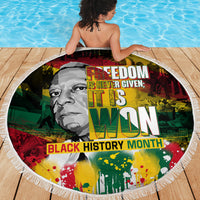 Round beach blanket with fringe edge on deck by pool, Black History Month portrait design