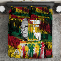 Black History Month bedding set with bold Freedom graphic and multicolor collage design