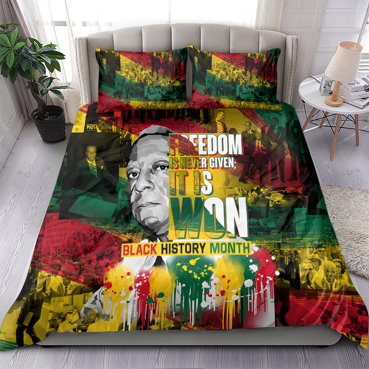 Multicolor Black History Month comforter set with Freedom text and portrait collage