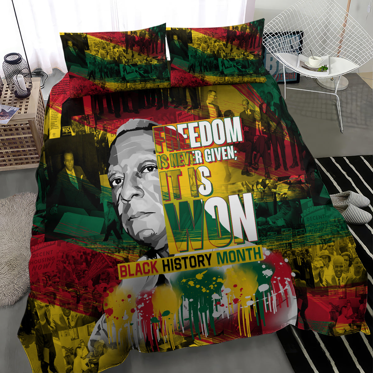 Black History Month duvet set featuring Freedom Is Never Given It Is Won artwork