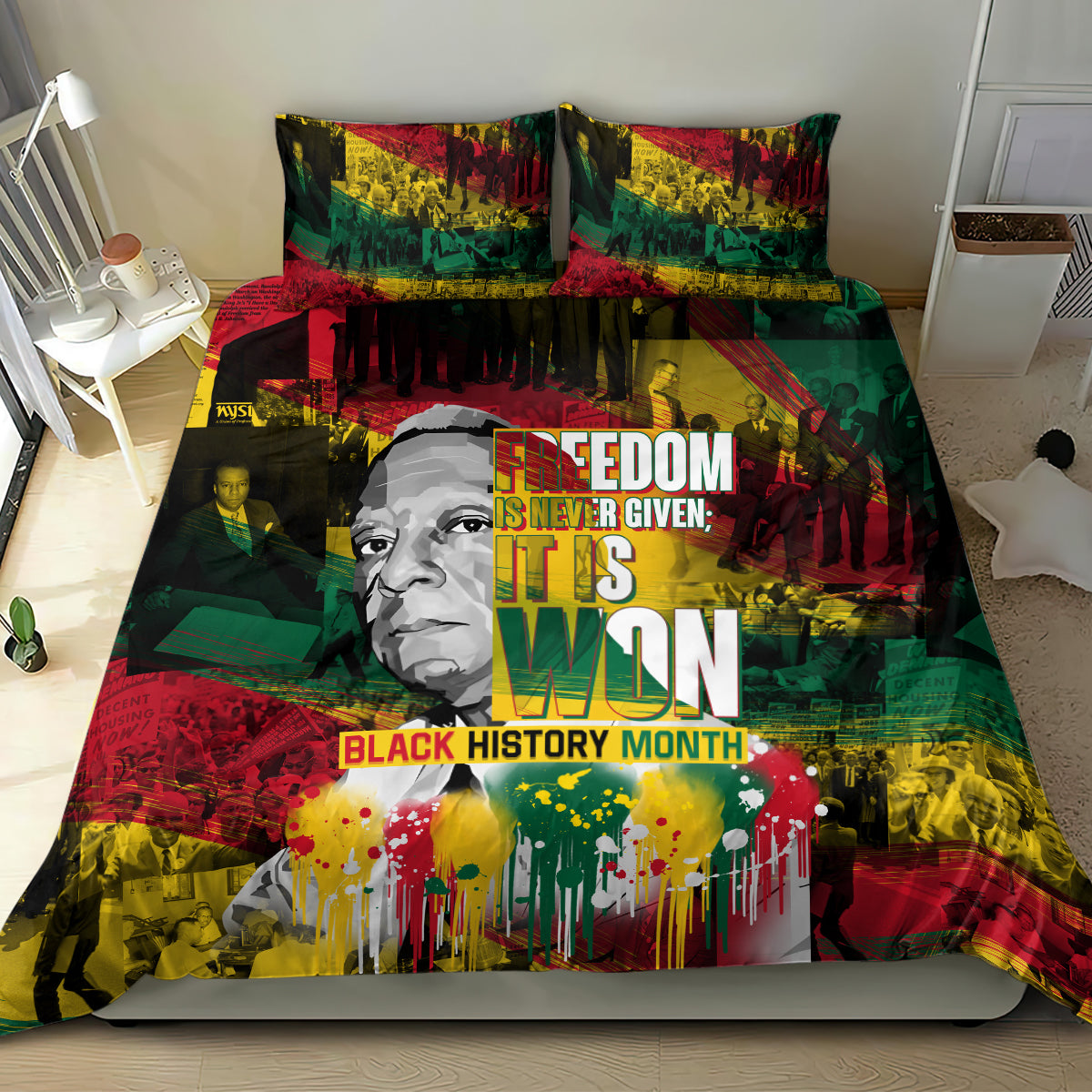 Freedom-themed Black History Month bedding set with portrait, silhouettes, and paint drip