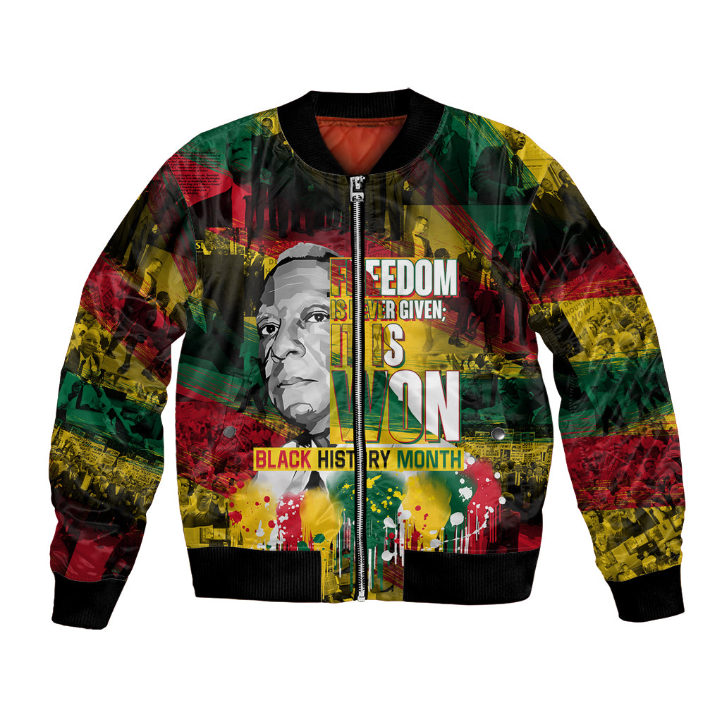 Multicolor graphic bomber jacket with front zipper, ribbed cuffs, and black collar