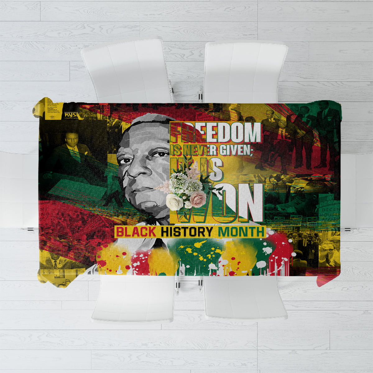 Art-print tablecloth featuring a portrait, bold text, and multicolor graphic background