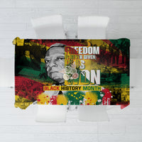 Art-print tablecloth featuring a portrait, bold text, and multicolor graphic background