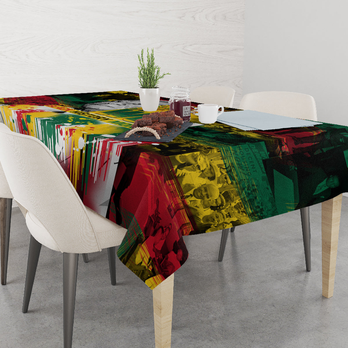 Multicolor art-print tablecloth with dripping paint stripes and geometric collage