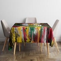 Square art-print tablecloth with vibrant vertical streaks and abstract collage design