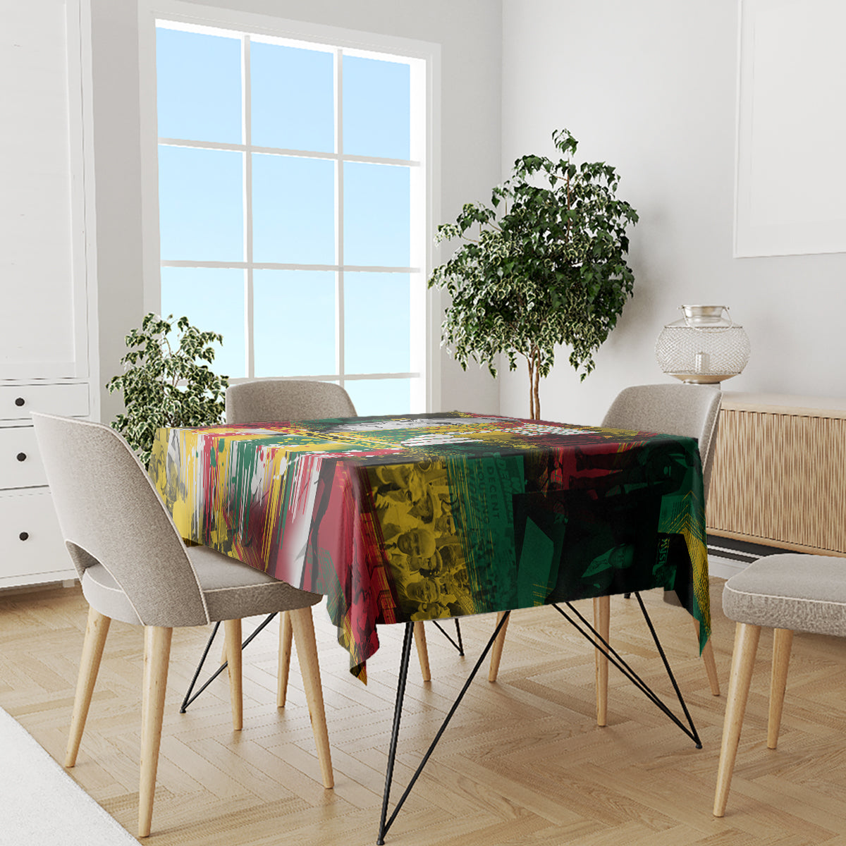Rectangle art-print tablecloth in bright reds, greens, yellows, and multicolor stripes