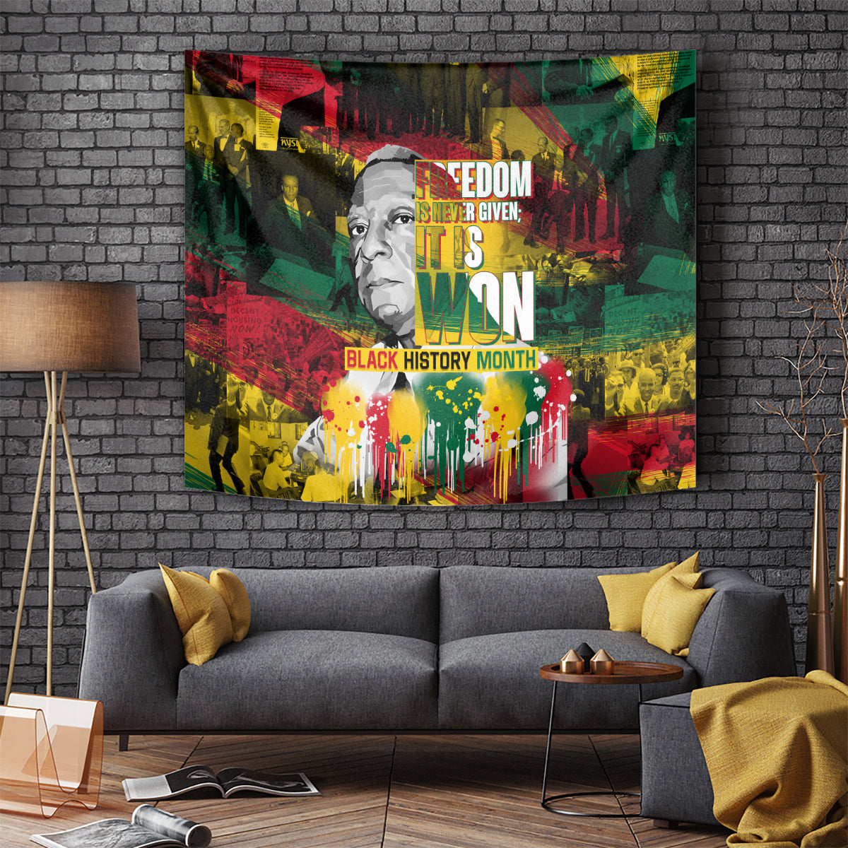 Multicolor wall tapestry with portrait and 'FREEDOM' headline, graffiti collage style