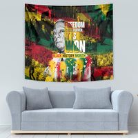 Multicolor wall tapestry featuring 'FREEDOM' headline, portrait face, and splatter paint