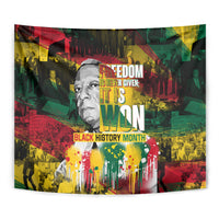 Multicolor wall tapestry close view with portrait face, 'FREEDOM' text, paint drips