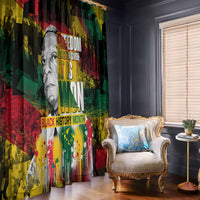 Colorful window curtains with portrait artwork and layered red, green, and yellow design.