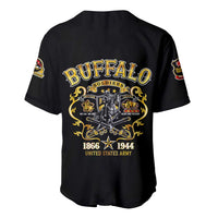 Black baseball jersey with V-neck buttons and Buffalo Soldiers back graphic, 1866-1944