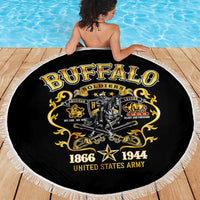 Black round beach blanket with white fringe, Buffalo Soldiers center figure and text