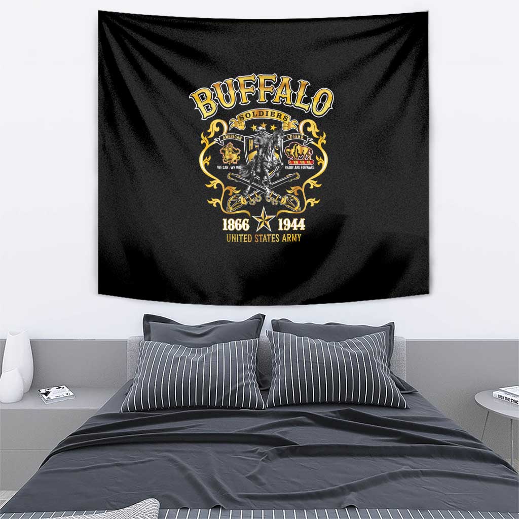 Black tapestry wall hanging with Buffalo Soldiers emblem, gold details, and UNITED STATES ARMY text.
