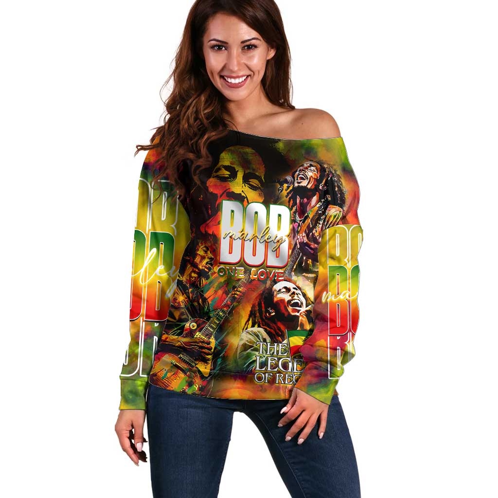 The Legend of Reggae Off Shoulder Sweater Bob One Love Colorful Art