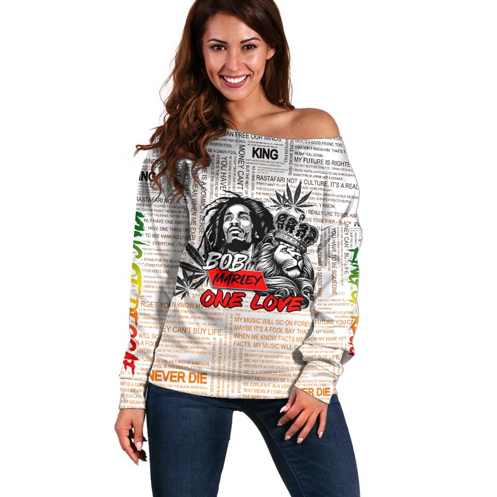 King of Reggae Legend Bob Off Shoulder Sweater Lion Rastafari Cannabis Typography Style