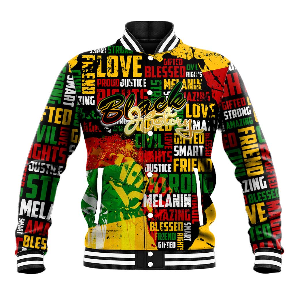 Black History Month Baseball Jacket Strength Love and Justice Typography