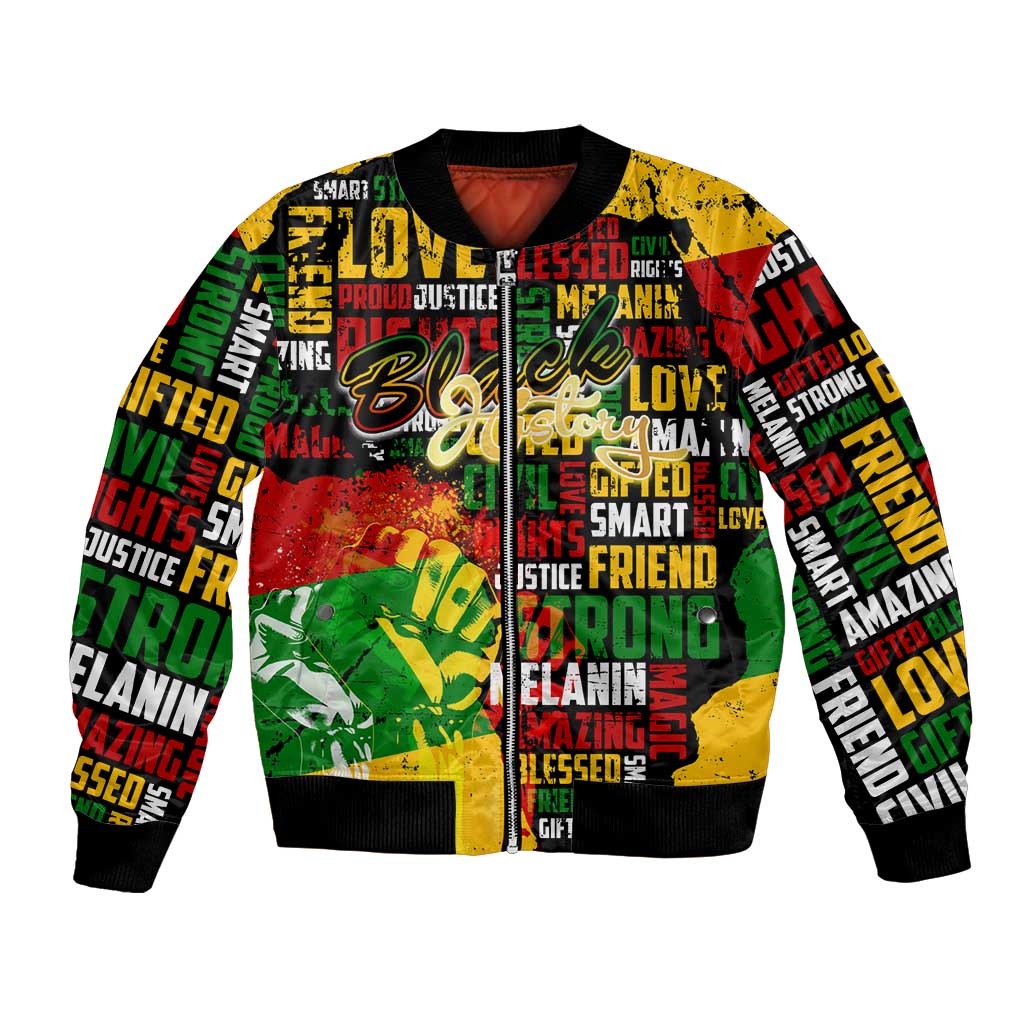 Black History Month Bomber Jacket Strength Love and Justice Typography