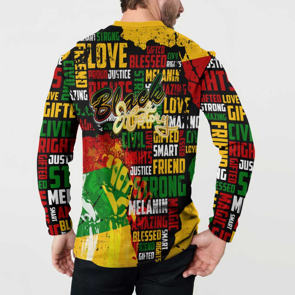 Black History Month Button Sweatshirt Strength Love and Justice Typography