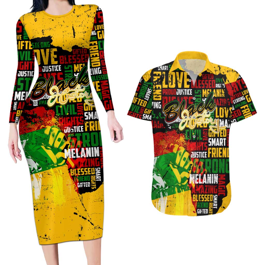 Black History Month Couples Matching Long Sleeve Bodycon Dress and Hawaiian Shirt Strength Love and Justice Typography