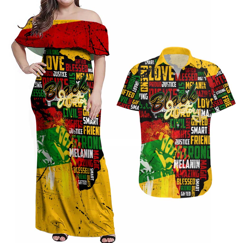 Black History Month Couples Matching Off Shoulder Maxi Dress and Hawaiian Shirt Strength Love and Justice Typography