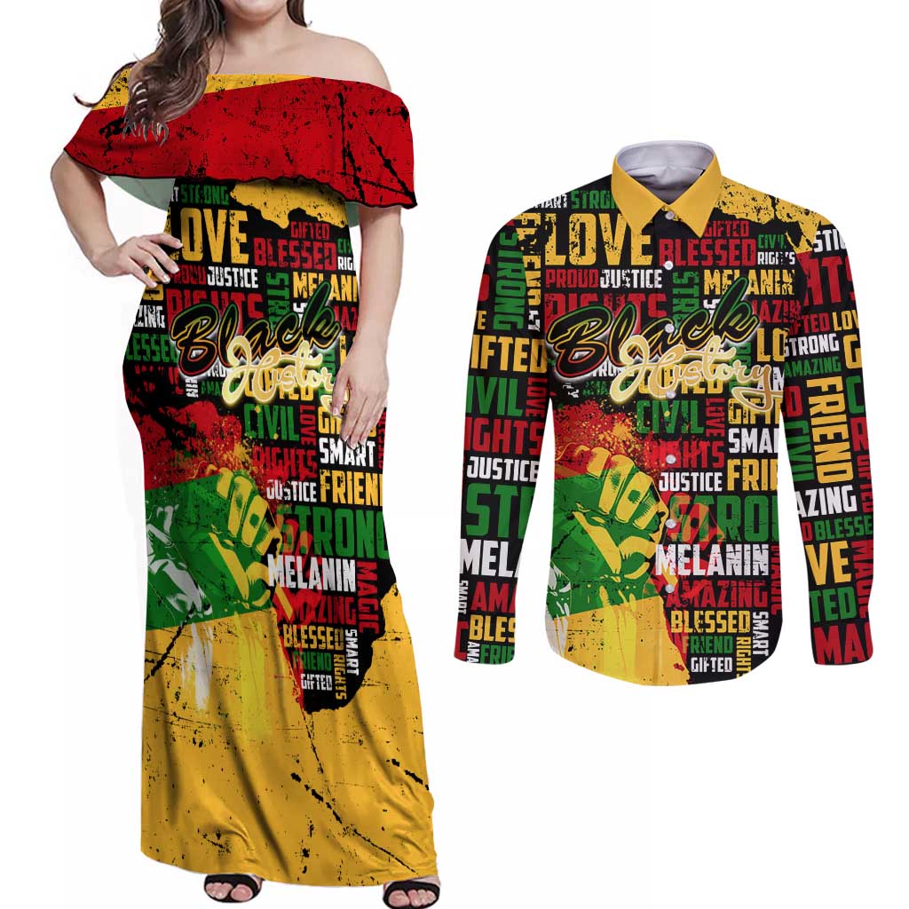 Black History Month Couples Matching Off Shoulder Maxi Dress and Long Sleeve Button Shirt Strength Love and Justice Typography