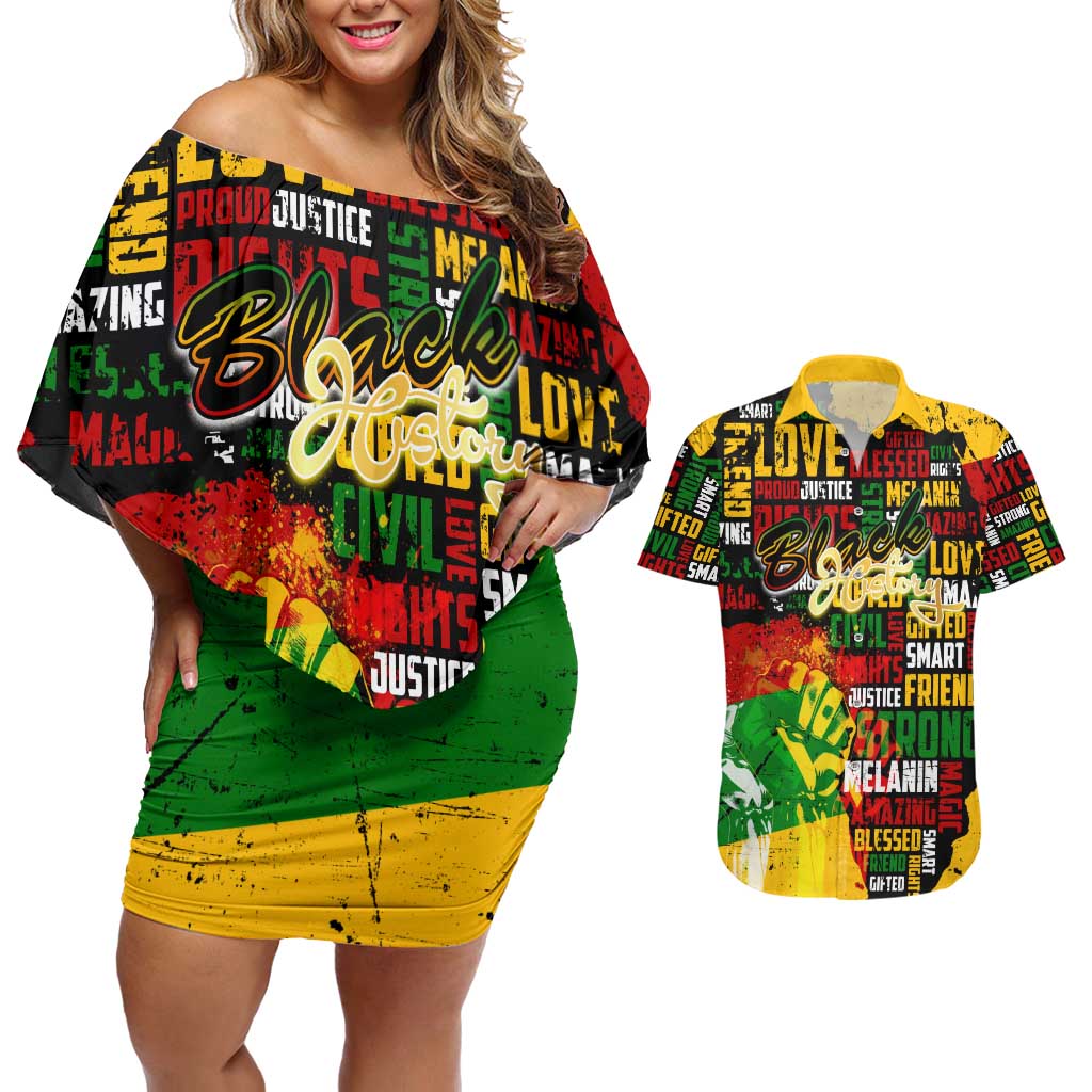 Black History Month Couples Matching Off Shoulder Short Dress and Hawaiian Shirt Strength Love and Justice Typography