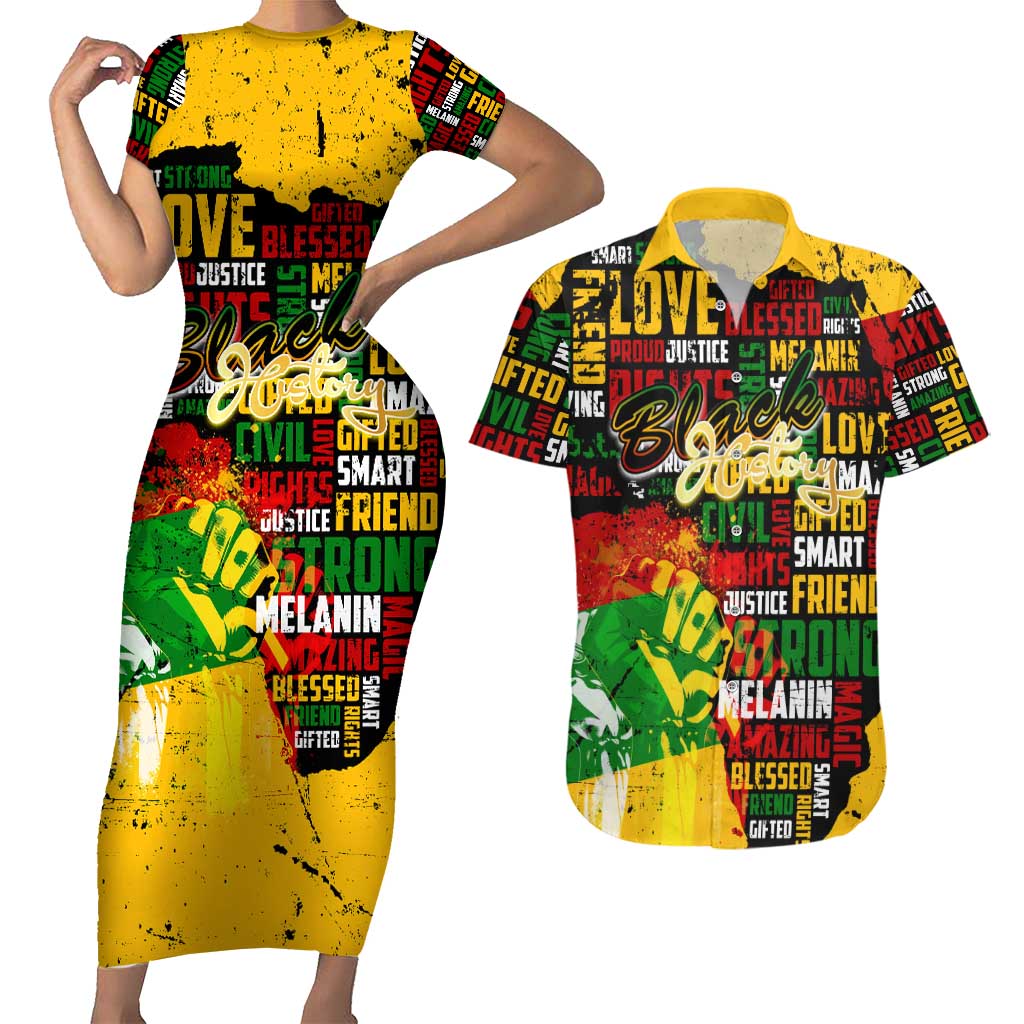 Black History Month Couples Matching Short Sleeve Bodycon Dress and Hawaiian Shirt Strength Love and Justice Typography