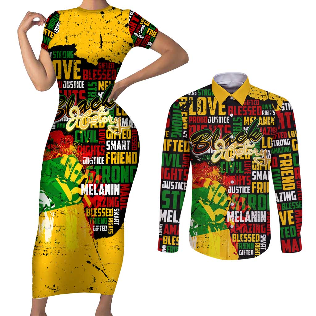 Black History Month Couples Matching Short Sleeve Bodycon Dress and Long Sleeve Button Shirt Strength Love and Justice Typography