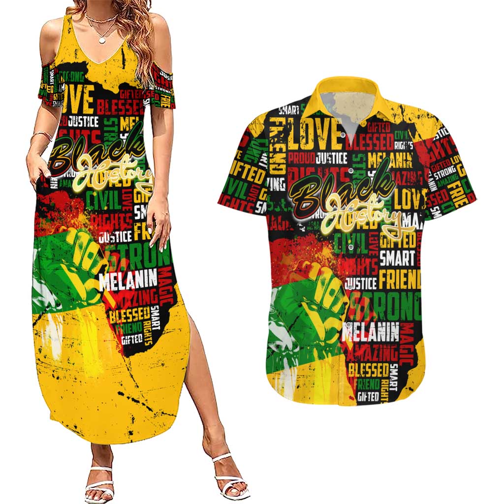 Black History Month Couples Matching Summer Maxi Dress and Hawaiian Shirt Strength Love and Justice Typography