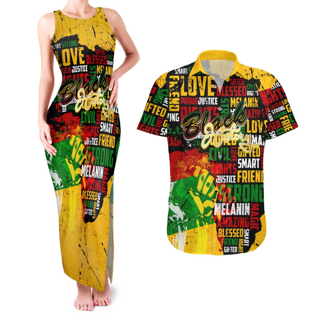 Black History Month Couples Matching Tank Maxi Dress and Hawaiian Shirt Strength Love and Justice Typography