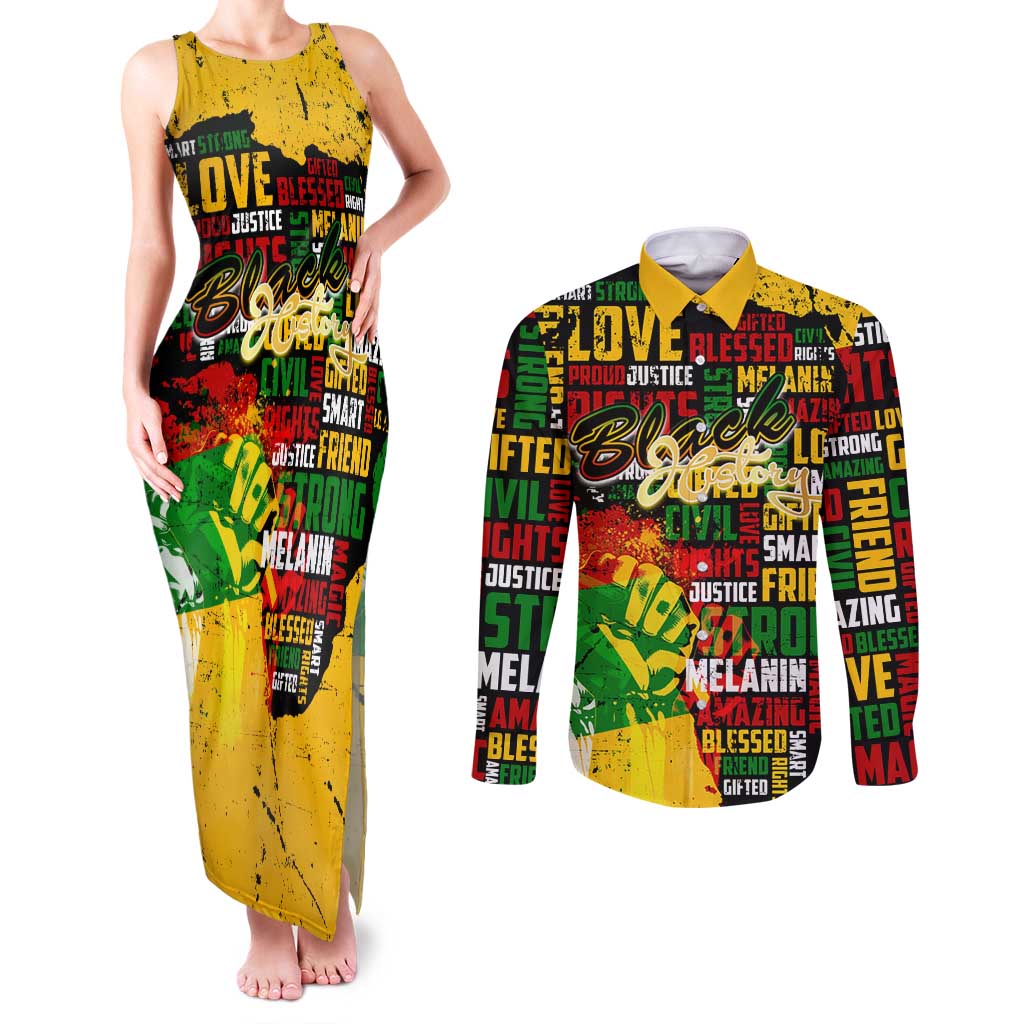 Black History Month Couples Matching Tank Maxi Dress and Long Sleeve Button Shirt Strength Love and Justice Typography