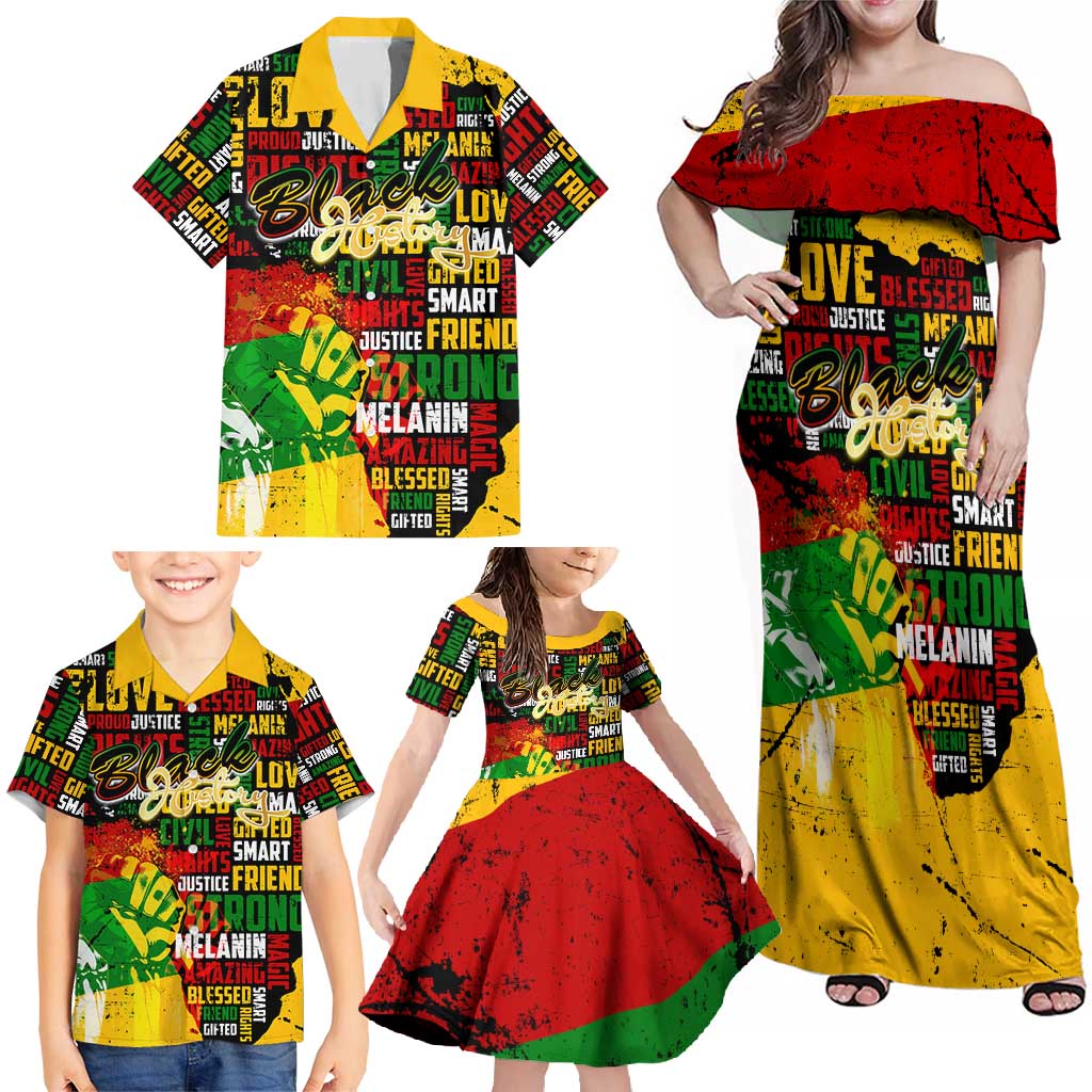 Black History Month Family Matching Off Shoulder Maxi Dress and Hawaiian Shirt Strength Love and Justice Typography